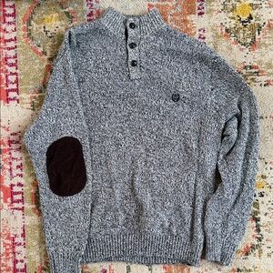 Chaps Gray Marled Turtleneck Henley Sweater with Dark Elbow Patch